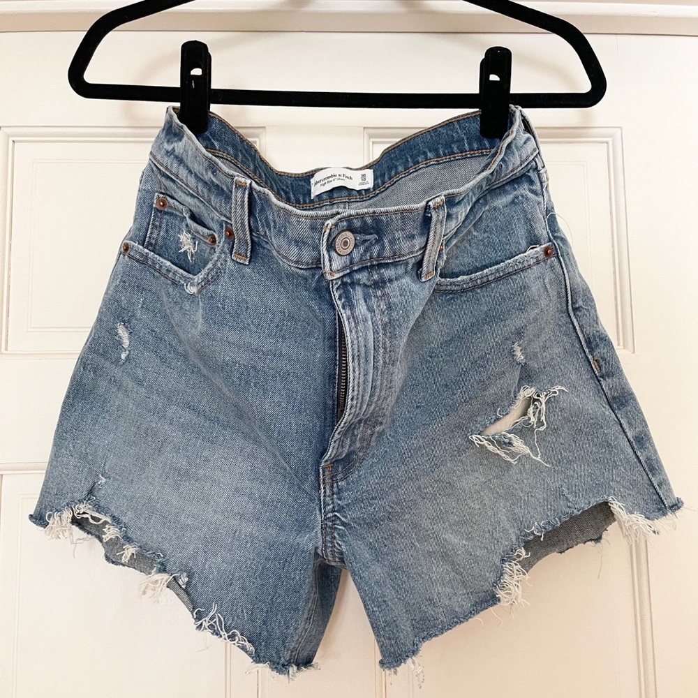 A&F high-rise, 4”, distressed denim shorts